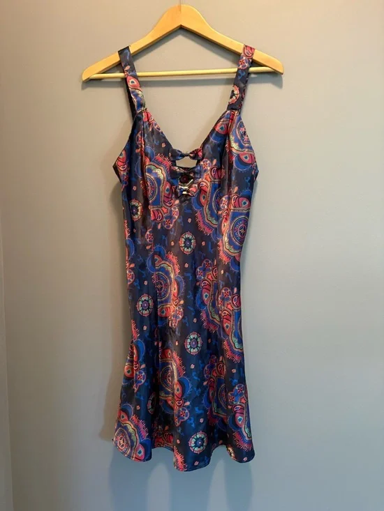Navy Paisley Lace-Up Satin Slip Dress - Picture 1 of 8
